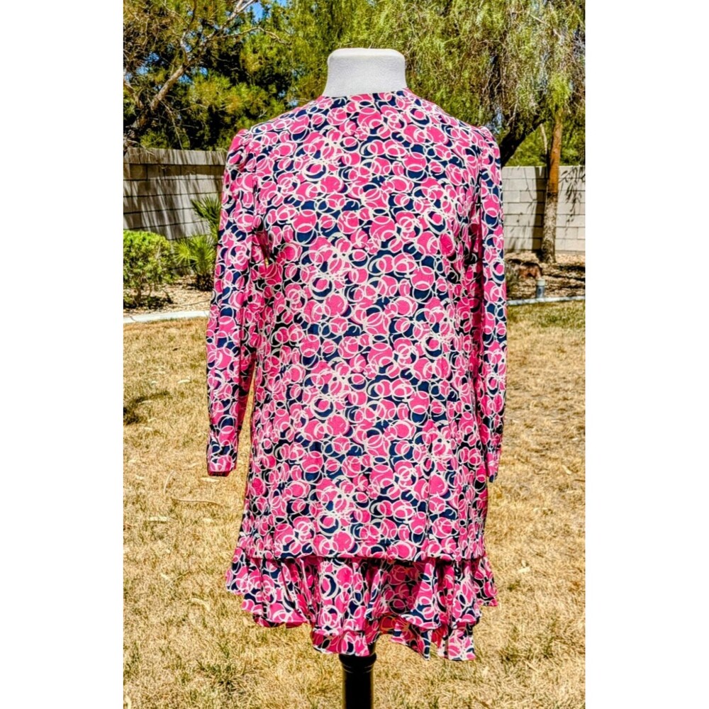 Vintage Silk Studio Button-Down Sz4 2-Pc Pink Circles L/S Top & Skirt Dress EUC